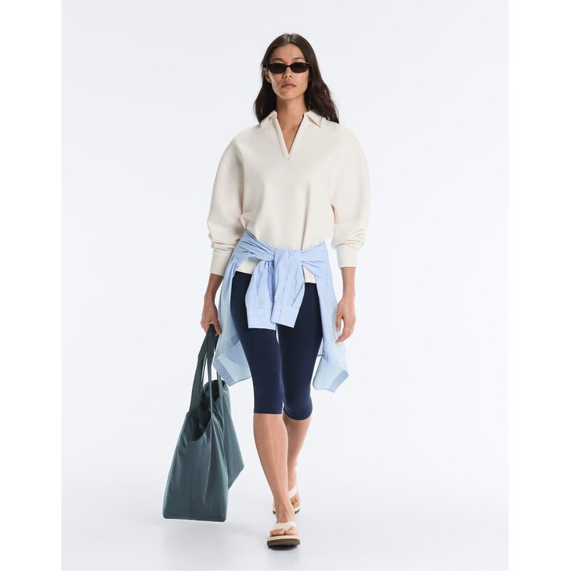 OYSHO Striped cotton piqué polo shirt in pale ecru-Neutral