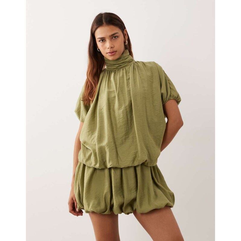 ASOS DESIGN high neck mini dress with bubble hem in sage-Green