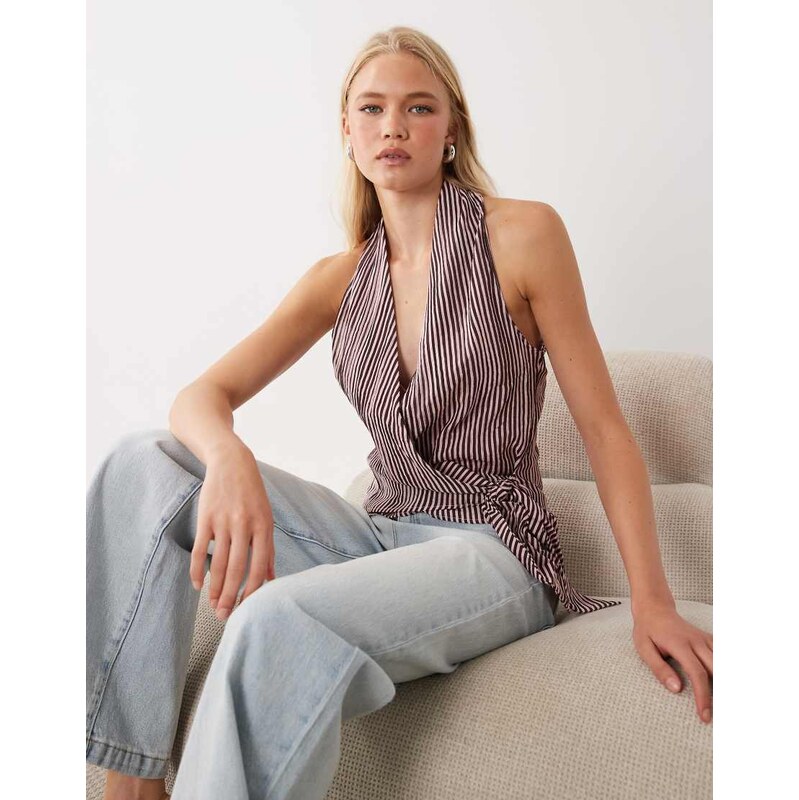 Mango halterneck tie waist top in maroon stripe print-Purple