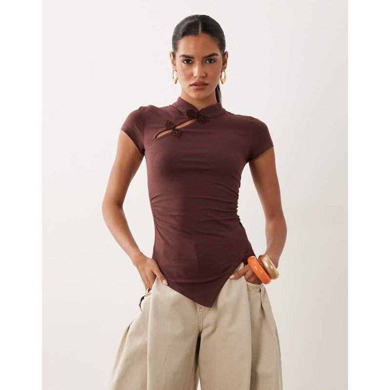 ASOS DESIGN stand collar cap sleeve top in chocolate-Black