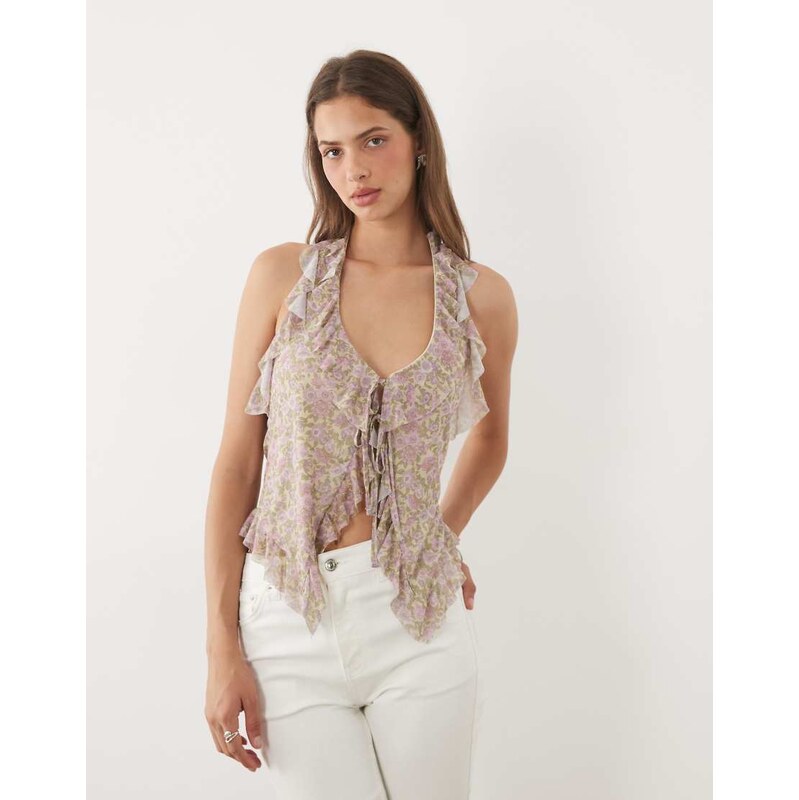 Miss Selfridge tie front ruffle halter neck top in floral print