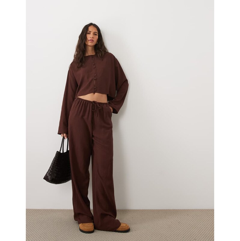 ASOS DESIGN linen blend pull on trouser co ord in brown