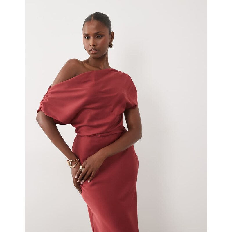 ASOS DESIGN one shoulder asymmetric satin maxi dress in deep red