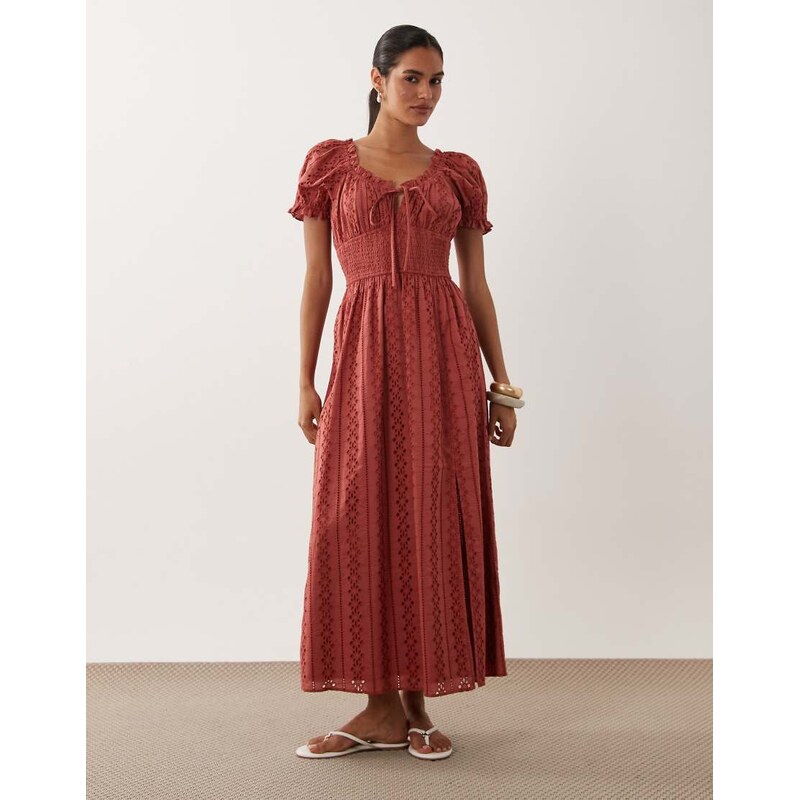 Miss Selfridge broderie milkmaid maxi dress in mauve-Pink