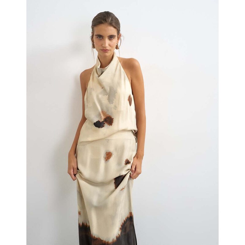 Topshop co-ord satin cowl halter top in abstract print-White