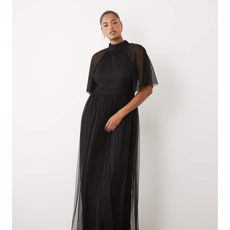 Lace & Beads Plus tulle high neck flutter sleeve maxi dress in