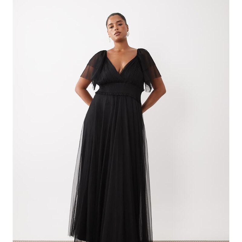 Lace & Beads Plus Bridesmaid shirred waist v neck mesh flutter