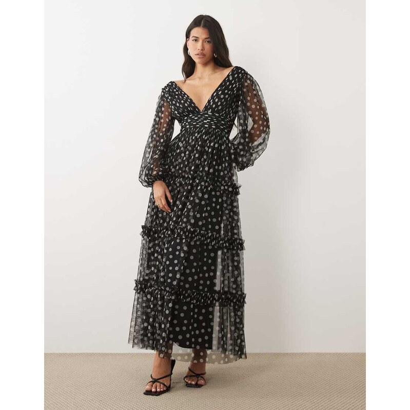 Lace & Beads tulle sheer balloon sleeve plunge neck tiered maxi