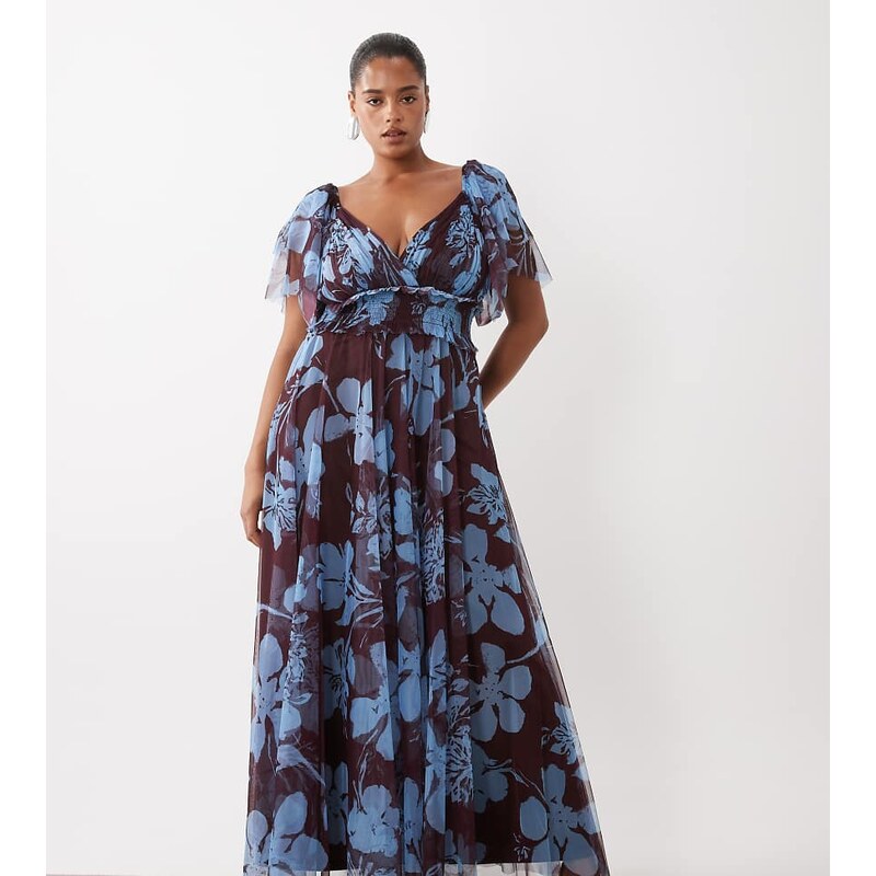 Lace & Beads Plus tulle v neck flutter sleeve maxi dress in