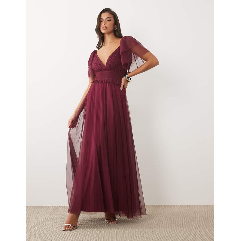 Lace & Beads Bridesmaid shirred waist v neck mesh flutter sleeve