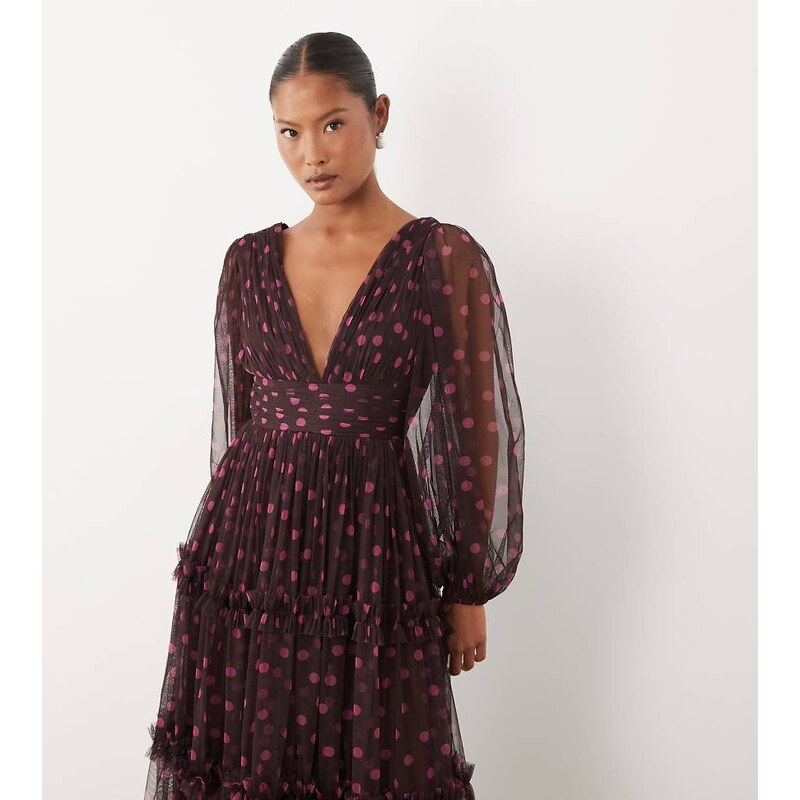 Lace & Beads Petite tulle sheer balloon sleeve plunge neck