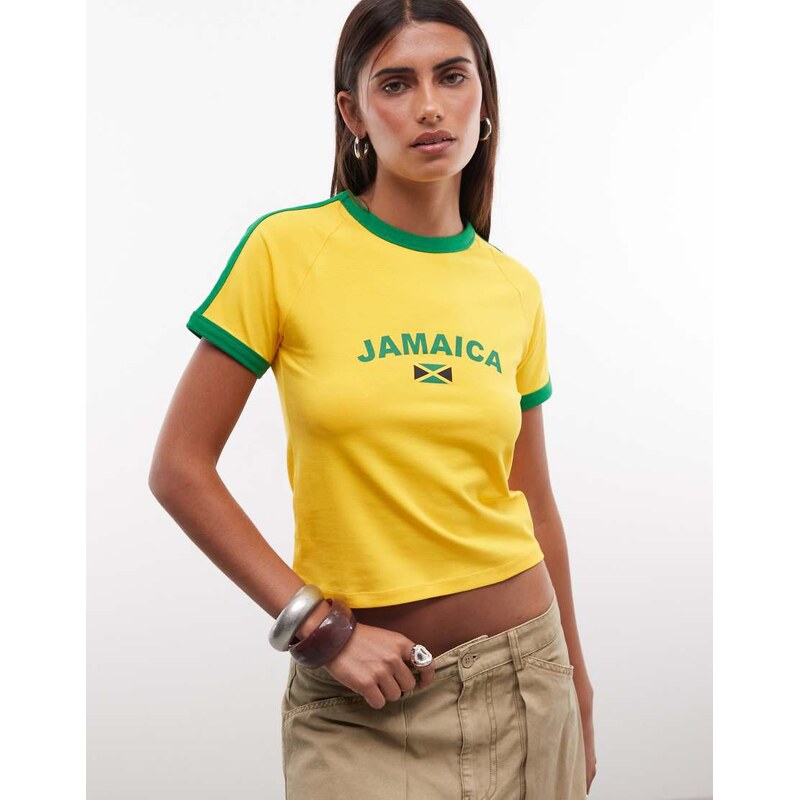 Reclaimed Vintage baby tee with jamaica slogan in yellow