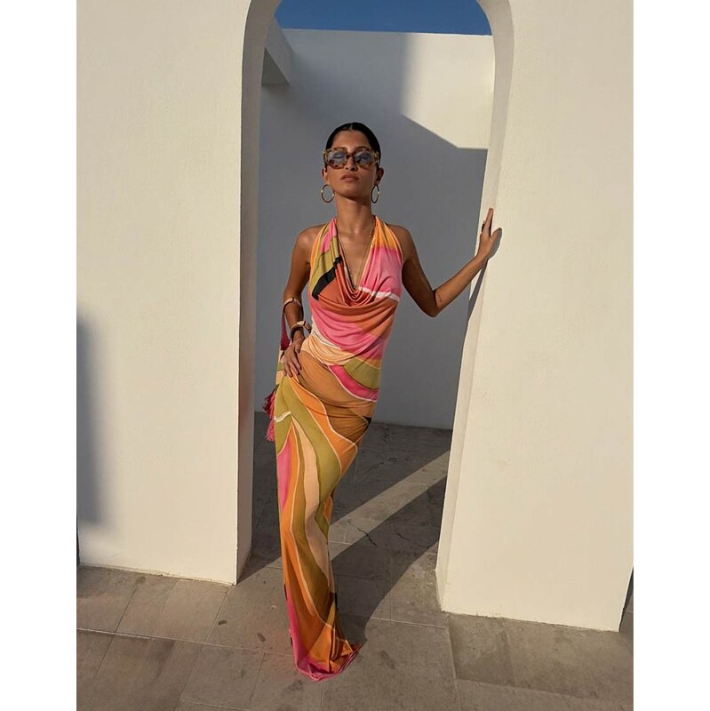 Never Fully Dressed Sabine slinky cowl neck maxi dress in orange