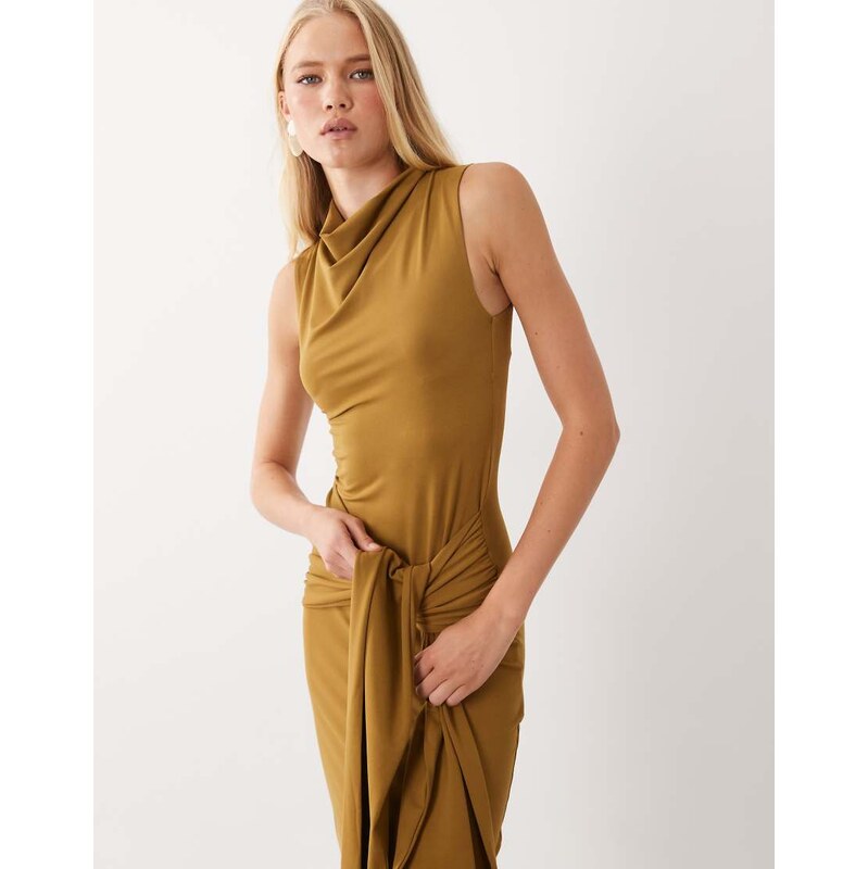 ASOS DESIGN halterneck with tie detail midi dress in khaki-Green