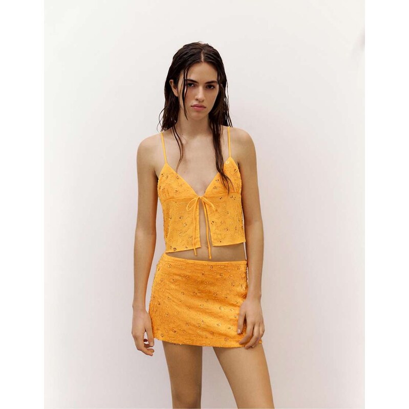 Pull&Bear Sequin mini skirt in orange
