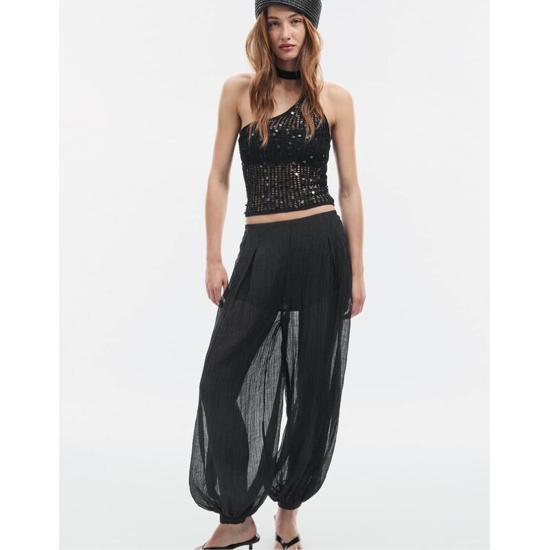 Stradivarius Sequin scarf top in black