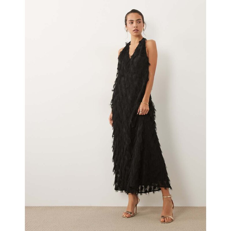 ASOS DESIGN textured fringe plunge backless halter maxi dress