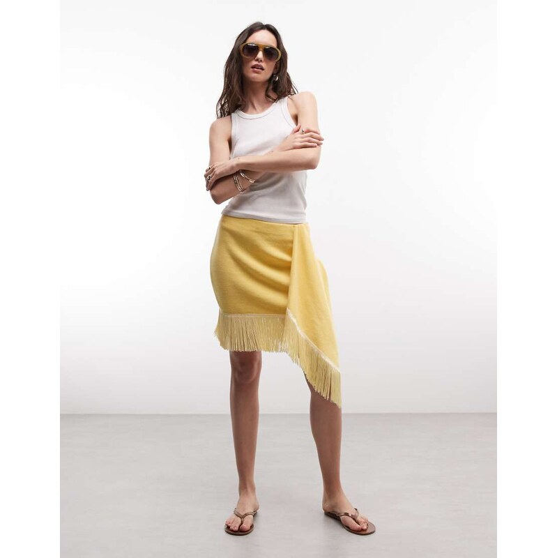 ASOS DESIGN knit fringe sarong mini skirt in yellow