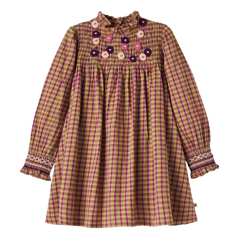 Bonton Poire checked embroidered shirred cotton dress