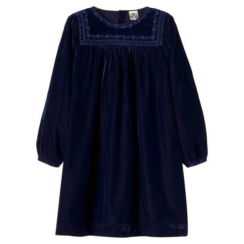 Bonton Pimousse embroidered gathered velvet dress