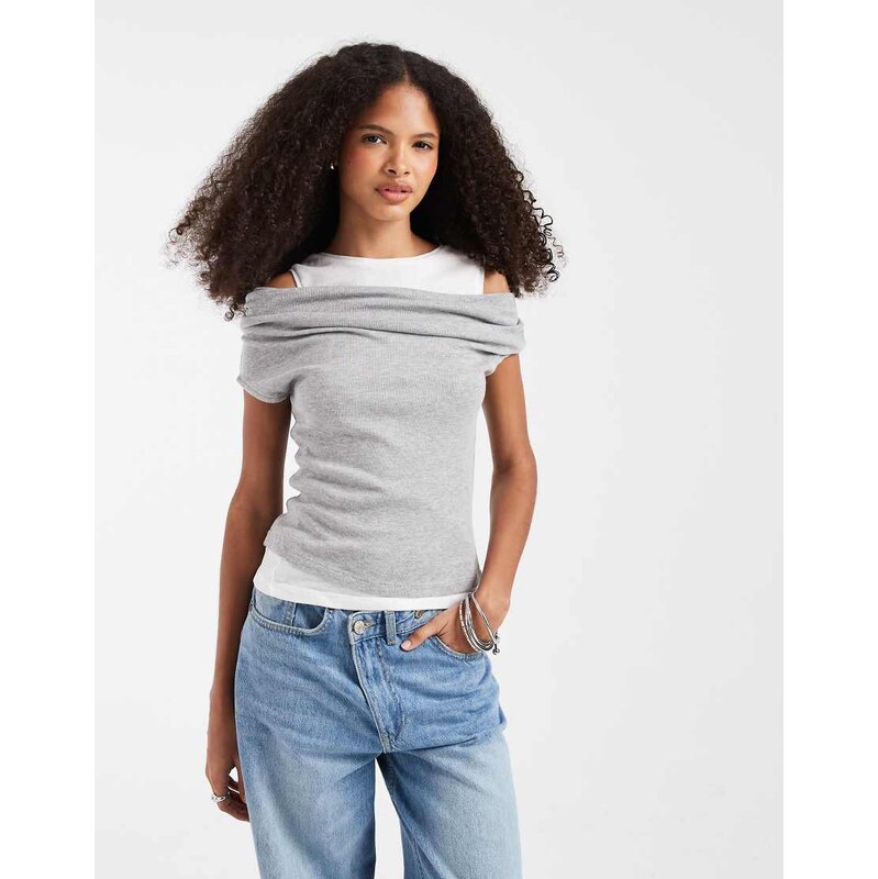 JJXX off shoulder double layer top in grey