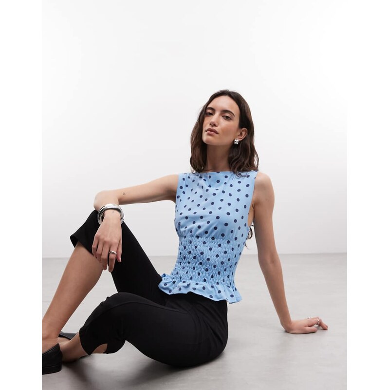COLLUSION shirred slash neck polkadot top-Blue