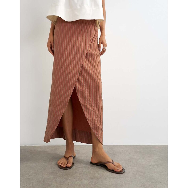 Topshop wrap maxi skirt in rust stripe-Red
