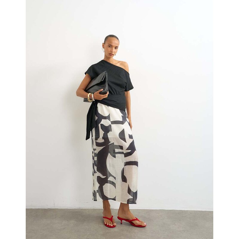 Topshop sheer column midi skirt in mono print-White