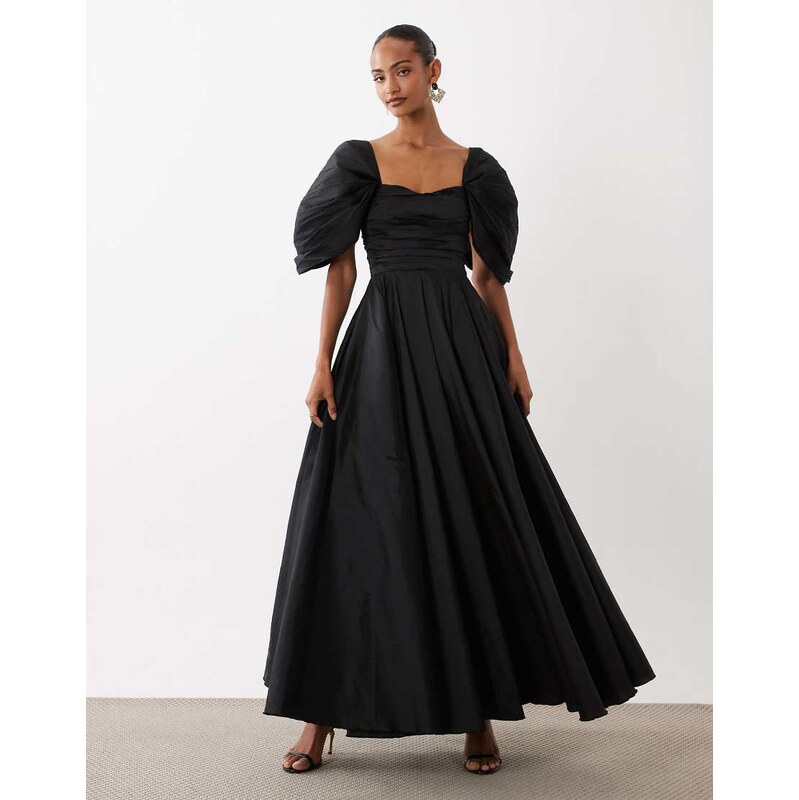 Lace & Beads taffeta puff sleeve sweetheart neck gown in black