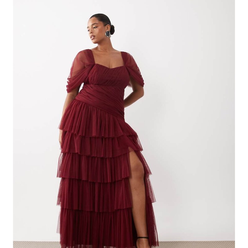 Lace & Beads Plus tulle fallen shoulder asymmetric ruffle detail