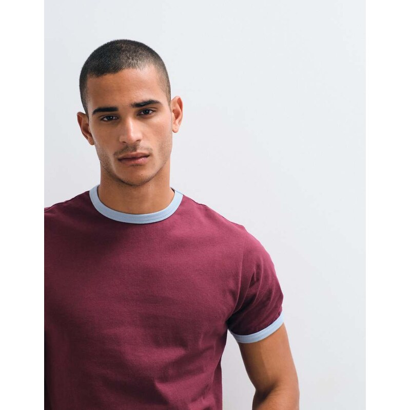ASOS DESIGN regular fit t-shirt with contrast ringer in burgundy