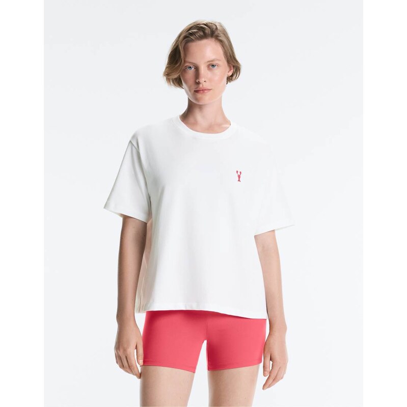 OYSHO Boxy short-sleeved embroidered cotton blend t-shirt in off
