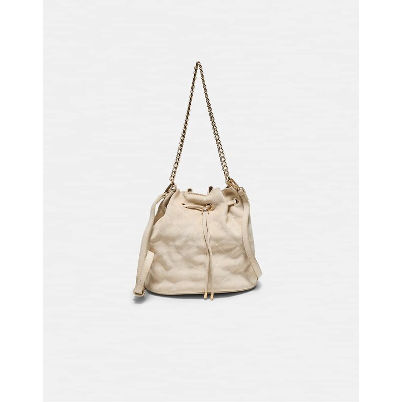 Stradivarius Quilted bucket crossbody bag in ecru-White