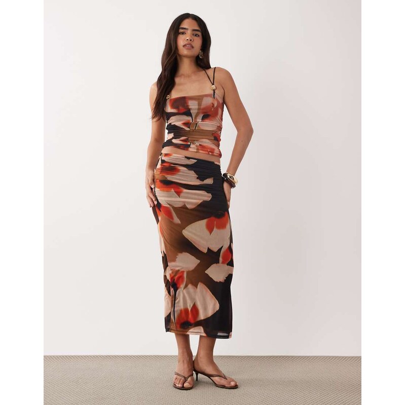 ASOS DESIGN co-ord mesh strappy halter neck cami with ruching in