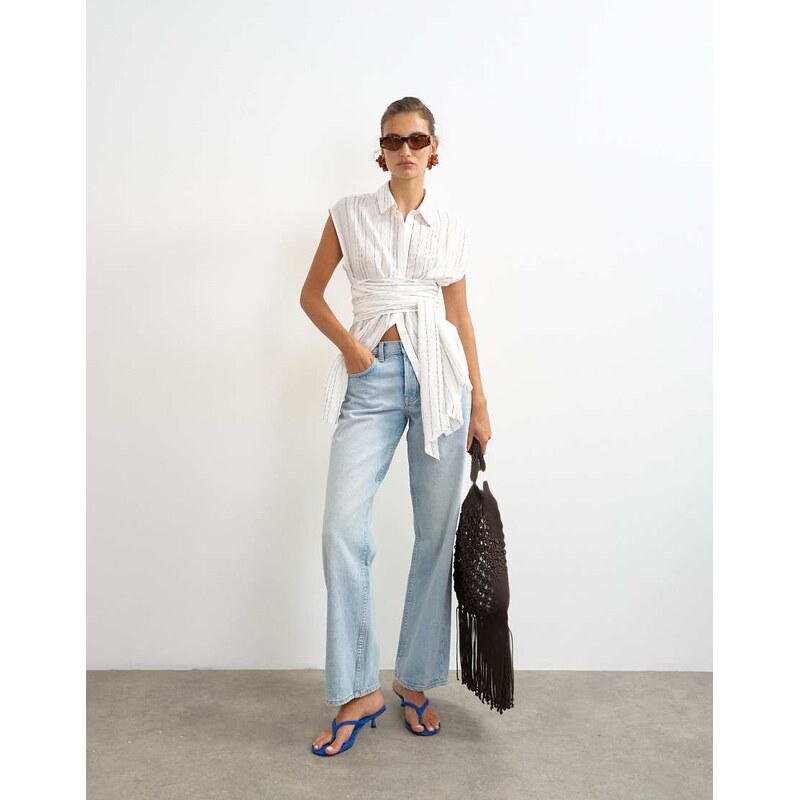 Topshop tie waist sleeveless shirt in white stripe