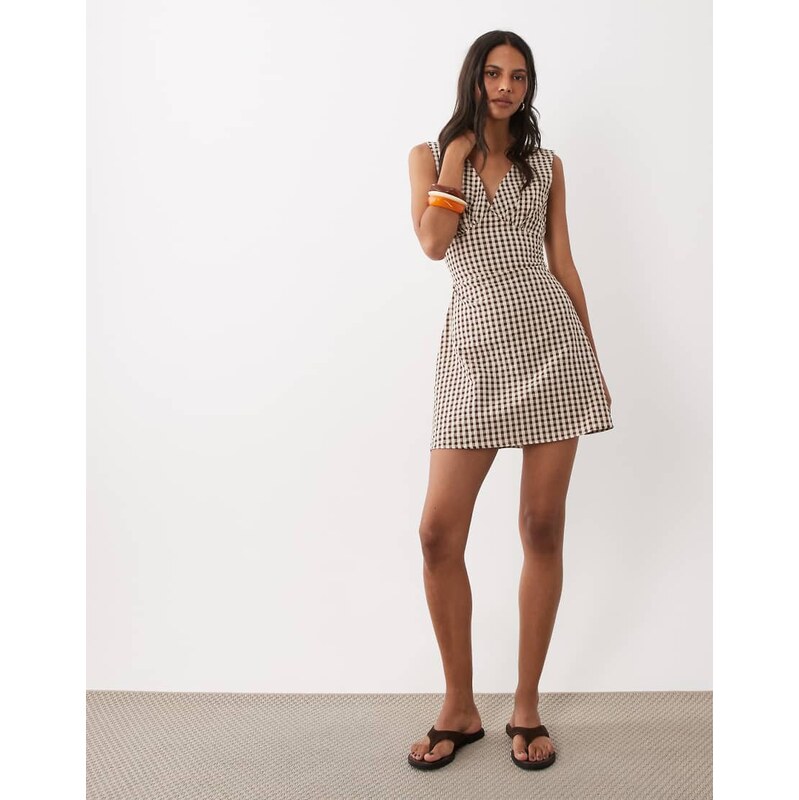 ASOS DESIGN v neck mini dress in brown gingham-Multi