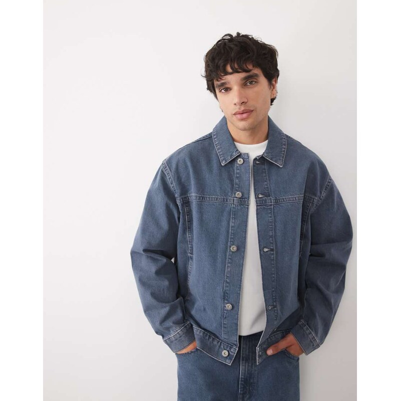 ASOS DESIGN oversized harrington denim jacket in mid wash blue