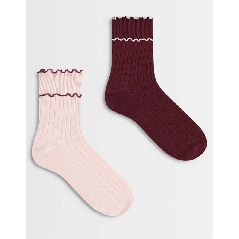 Cotton On 2pk The perfect pair frill rib ankle socks in peony
