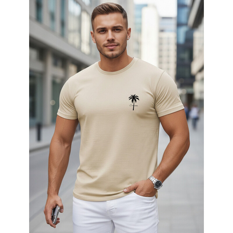 Pánské bavlněné tričko s potiskem, béžové, FashionStreet NX5126R