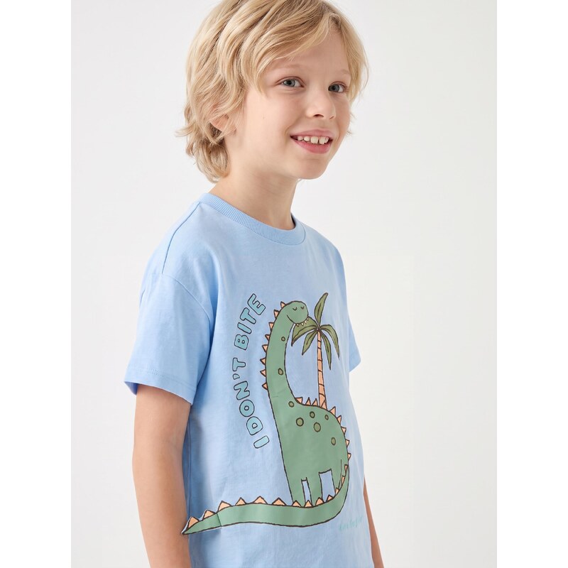 Sinsay - Bavlněné tričko s potiskem dinosaura - modrá
