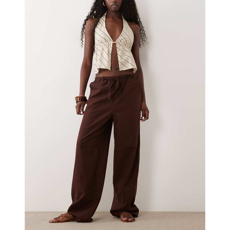 ASOS DESIGN linen look pull on trousers in chocolate-Neutral