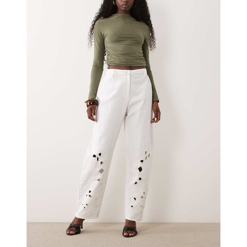 ASOS LUXE lazer cut out barrel trousers in white