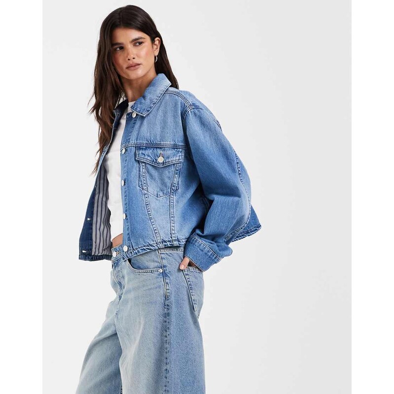 ASOS DESIGN denim bubble hem jacket with stripe lining in rich
