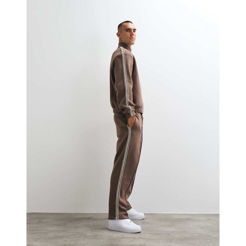 ASOS DESIGN straight leg joggers with woven tape in brown