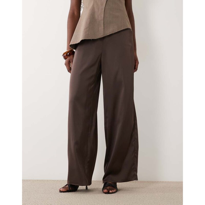 YAS wide leg satin trousers in chocolate brown