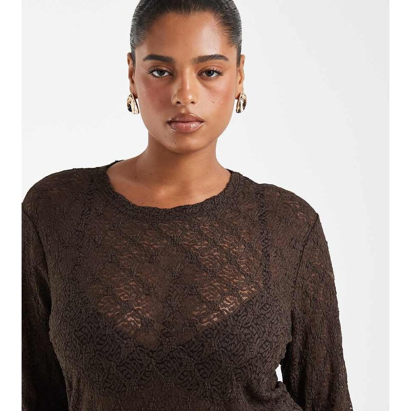 Noisy May Curve long sleeve lace top in chocolate-Brown