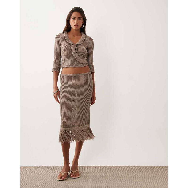 ASOS DESIGN crochet knit fringe ruffle midi skirt co-ord in