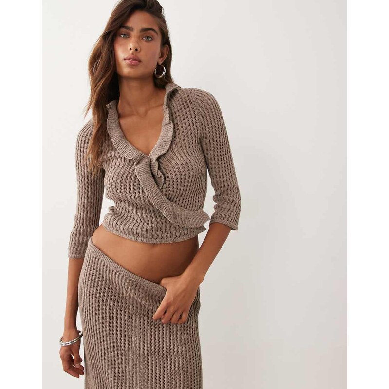ASOS DESIGN crochet knit fringe ruffle top co-ord in mocha-Brown