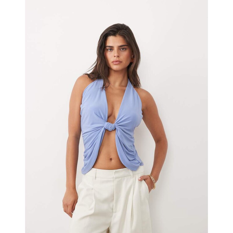 ASOS DESIGN knotted plunge draped top with skinny straps in blue