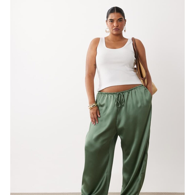 ASOS Curve ASOS DESIGN Curve satin wide leg pull on trouser in